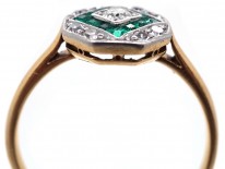 Art Deco 18ct Gold & Platinum, Emerald & Diamond Octagonal Ring