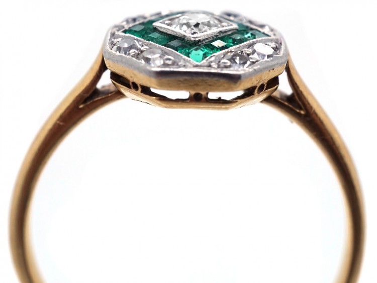 Art Deco 18ct Gold & Platinum, Emerald & Diamond Octagonal Ring