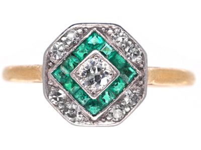 Art Deco 18ct Gold & Platinum, Emerald & Diamond Octagonal Ring
