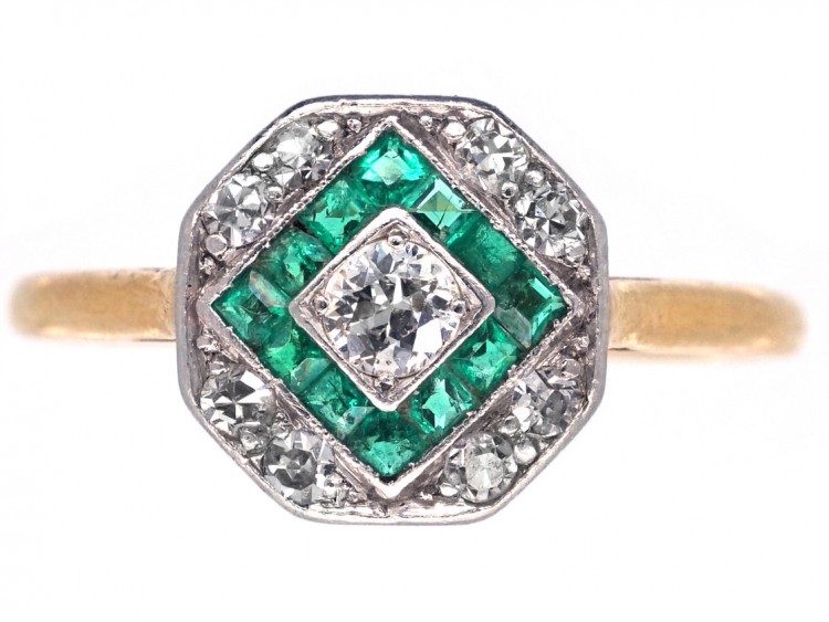 Art Deco 18ct Gold & Platinum, Emerald & Diamond Octagonal Ring