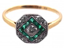 Art Deco 18ct Gold & Platinum, Emerald & Diamond Octagonal Ring