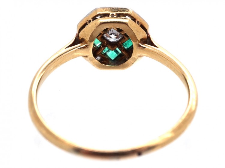 Art Deco 18ct Gold & Platinum, Emerald & Diamond Octagonal Ring