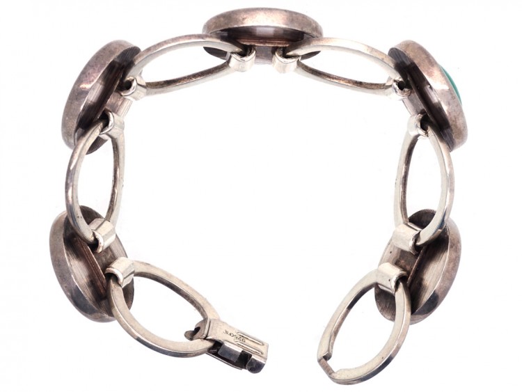 Art Deco Silver & Jade Round Links Bracelet