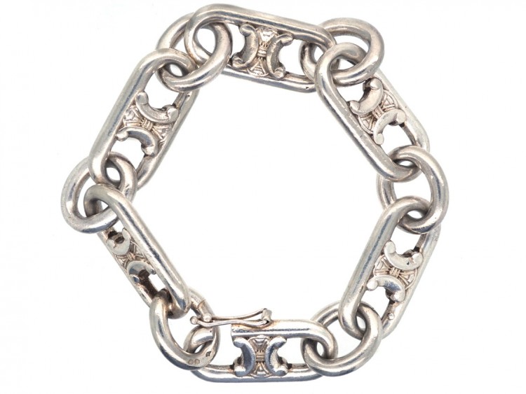 French Art Deco Silver Long Link Bracelet by Gaston Potiez
