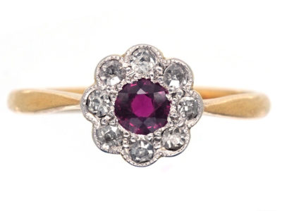 Edwardian 18ct Gold & Platium, Ruby & Diamond Cluster Ring