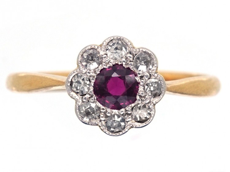 Edwardian 18ct Gold & Platium, Ruby & Diamond Cluster Ring
