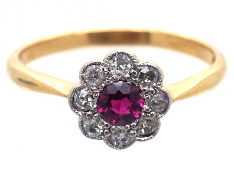 Edwardian 18ct Gold & Platium, Ruby & Diamond Cluster Ring