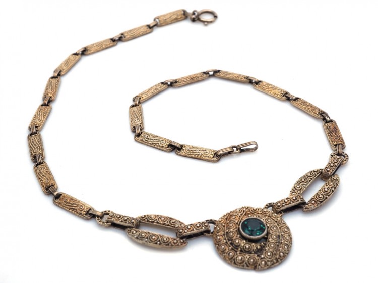 Theodor Fahrner Silver Gilt Necklace set with a Green Tourmaline