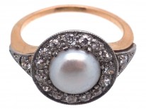 Edwardian Natural Pearl & Diamond Cluster Ring