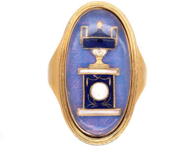 Georgian Oval Gold Mourning Ring Containing an Urn above Opaline Glass