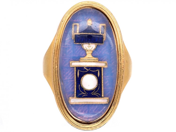 Georgian Oval Gold Mourning Ring Containing an Urn above Opaline Glass