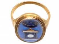 Georgian Oval Gold Mourning Ring Containing an Urn above Opaline Glass