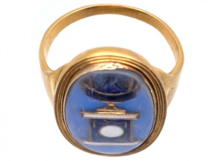 Georgian Oval Gold Mourning Ring Containing an Urn above Opaline Glass