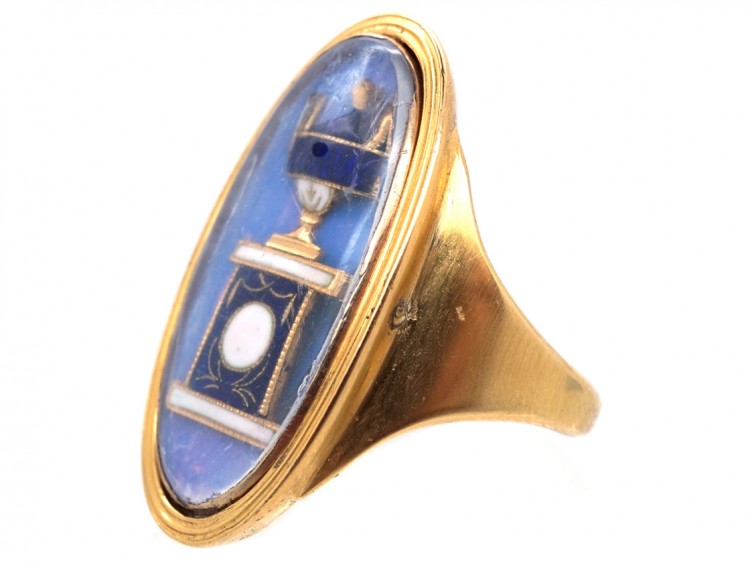 Georgian Oval Gold Mourning Ring Containing an Urn above Opaline Glass