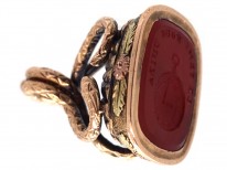 Georgian 15ct Two Colour Gold Seal with Snake Motif & Carnelian Intaglio of a Watch