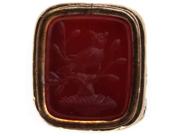 Georgian 15ct Gold Seal with Carnelian Intaglio of an Owl in a Tree