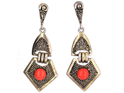Theodor Fahrner Art Deco Silver Gilt & Coral Drop Earrings