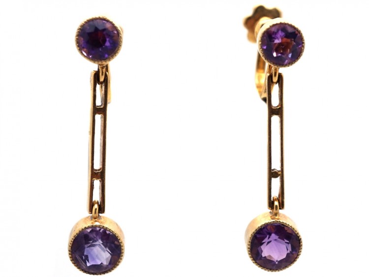 Edwardian 15ct Gold & Amethyst Drop Earrings