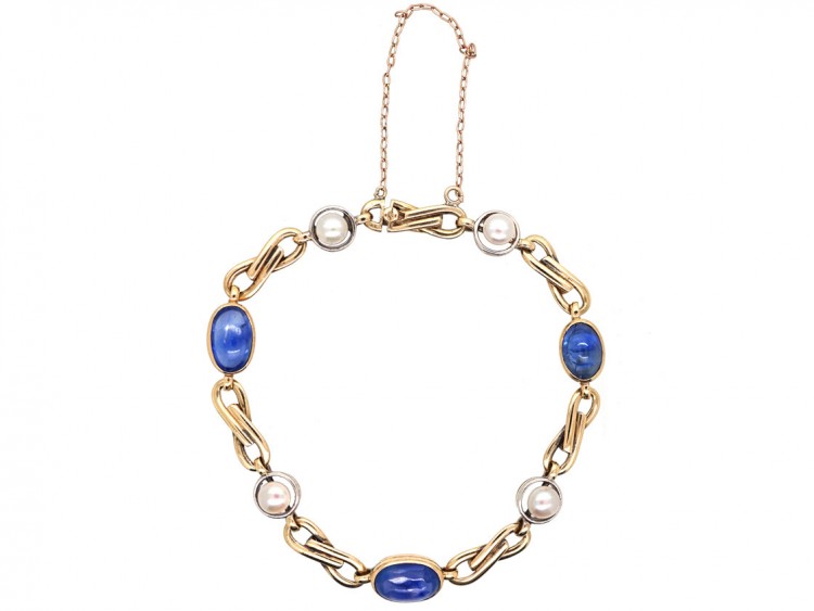 18ct Two Colour Gold, Ceylon Sapphire & Pearl Bracelet