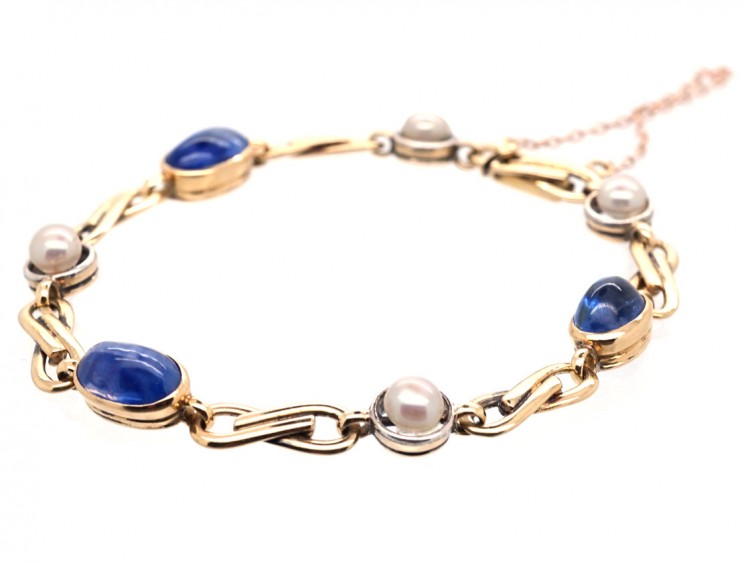 18ct Two Colour Gold, Ceylon Sapphire & Pearl Bracelet
