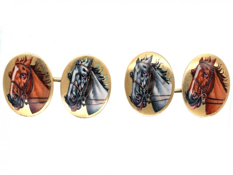 Edwardian 18ct Gold & Enamel Horse's Head Cufflinks