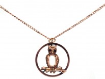 Edwardian 9ct Gold Owl Pendant on 9ct Gold Chain