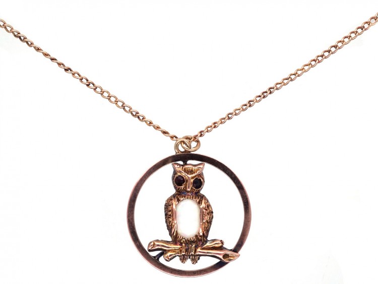 Edwardian 9ct Gold Owl Pendant on 9ct Gold Chain