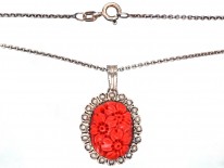 Art Deco Silver Carved Coral Flowers Pendant on a Silver Chain
