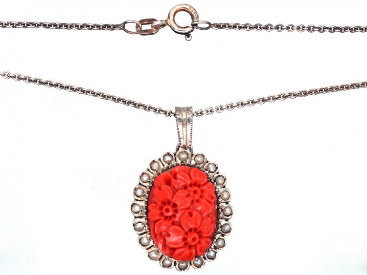 Art Deco Silver Carved Coral Flowers Pendant on a Silver Chain