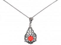 Art Deco Silver, Marcasite & Coral Pendant on a Silver Chain