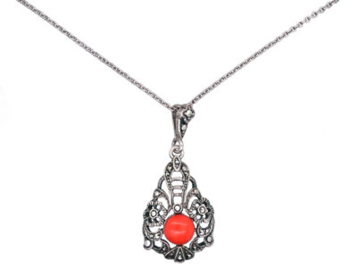 Art Deco Silver, Marcasite & Coral Pendant on a Silver Chain