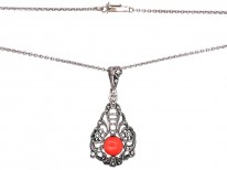 Art Deco Silver, Marcasite & Coral Pendant on a Silver Chain