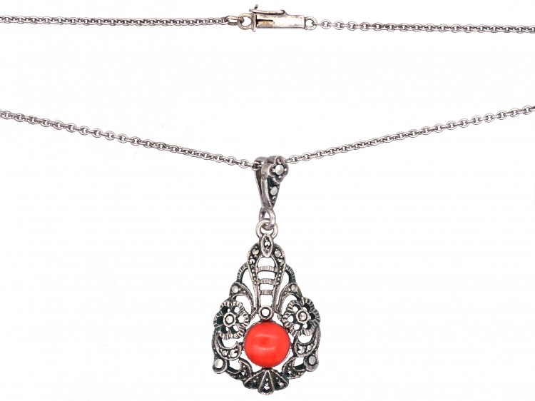 Art Deco Silver, Marcasite & Coral Pendant on a Silver Chain