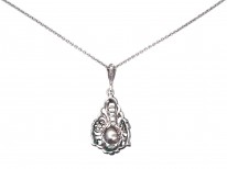 Art Deco Silver, Marcasite & Coral Pendant on a Silver Chain