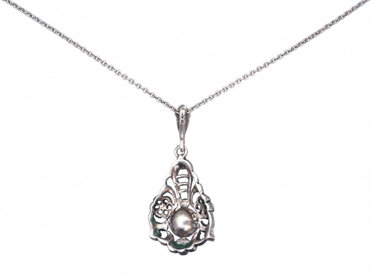 Art Deco Silver, Marcasite & Coral Pendant on a Silver Chain