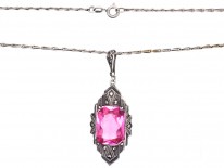 Art Deco Silver, Pink Paste & Marcasite Pendant on a Silver Chain