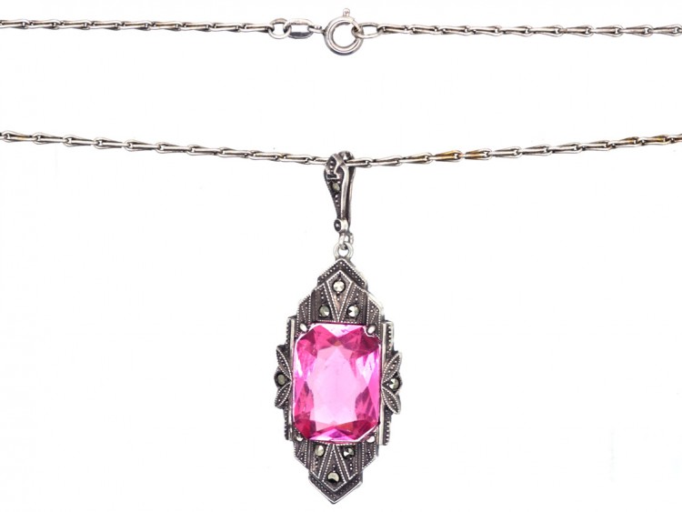 Art Deco Silver, Pink Paste & Marcasite Pendant on a Silver Chain
