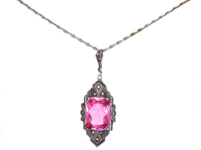 Art Deco Silver, Pink Paste & Marcasite Pendant on a Silver Chain