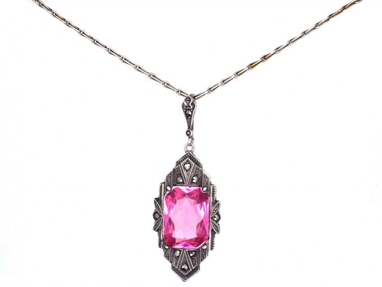 Art Deco Silver, Pink Paste & Marcasite Pendant on a Silver Chain