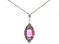 Art Deco Silver, Pink Paste & Marcasite Pendant on a Silver Chain