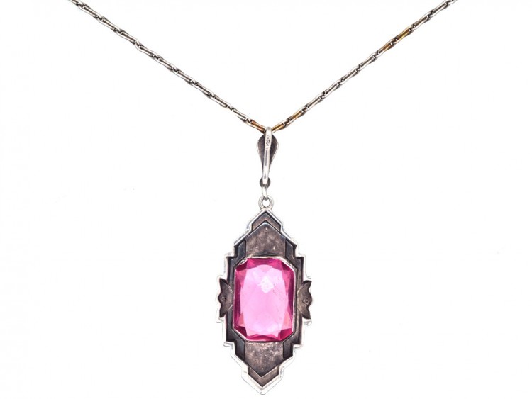 Art Deco Silver, Pink Paste & Marcasite Pendant on a Silver Chain