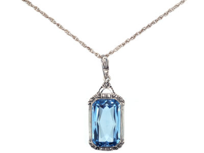 Art Deco Silver & Blue Paste Pendant on Silver Chain