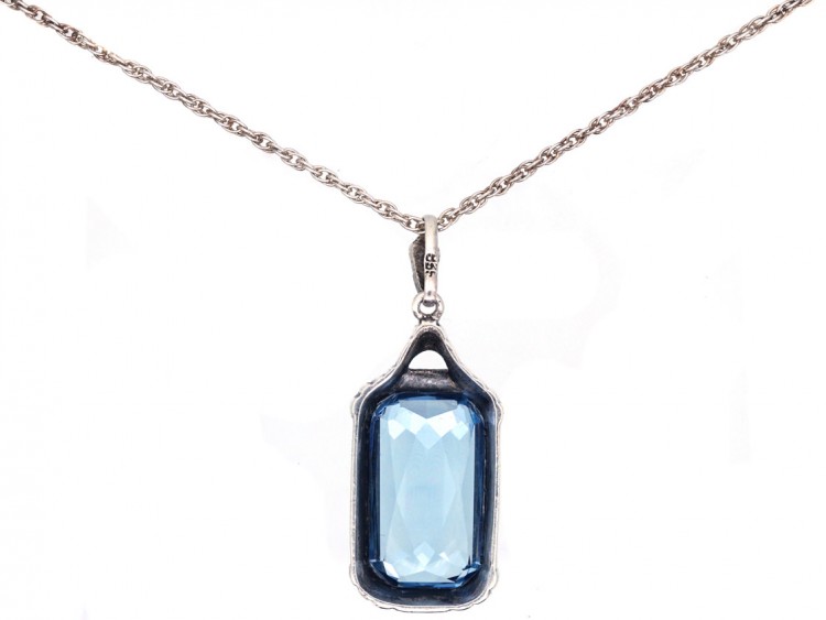 Art Deco Silver & Blue Paste Pendant on Silver Chain