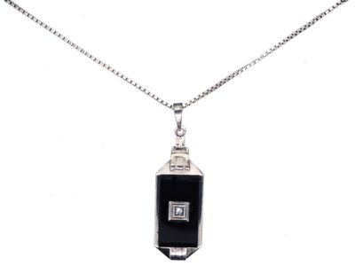 Art Deco Silver Onyx & Diamond Pendant on a Silver Chain