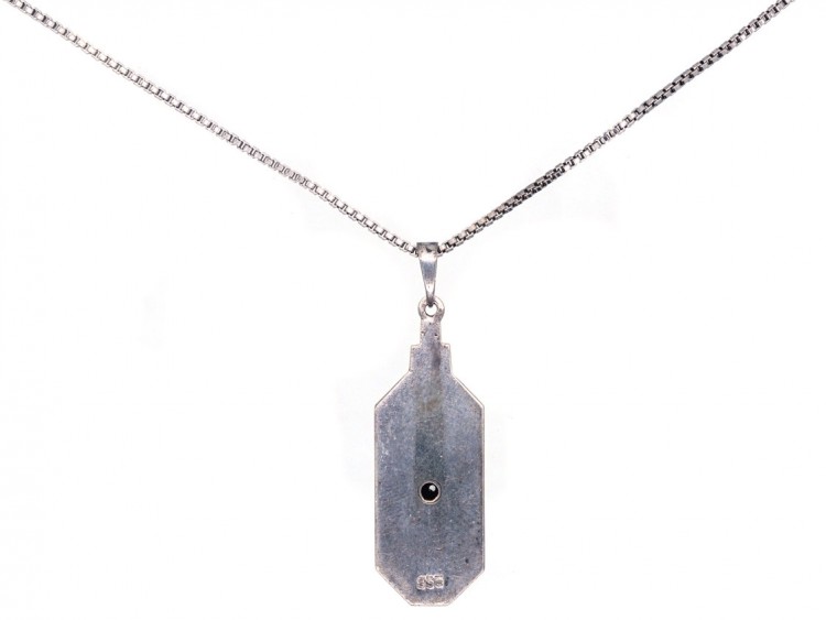 Art Deco Silver Onyx & Diamond Pendant on a Silver Chain