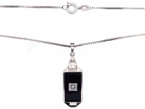 Art Deco Silver Onyx & Diamond Pendant on a Silver Chain