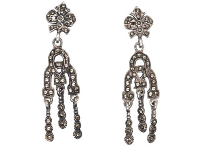 Art Deco Triple Drop Silver & Marcasite Earrings