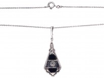 Art Deco Silver, Onyx & Diamond Pendant on a Silver Chain