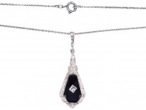 Art Deco Silver, Onyx & Diamond Pendant on a Silver Chain
