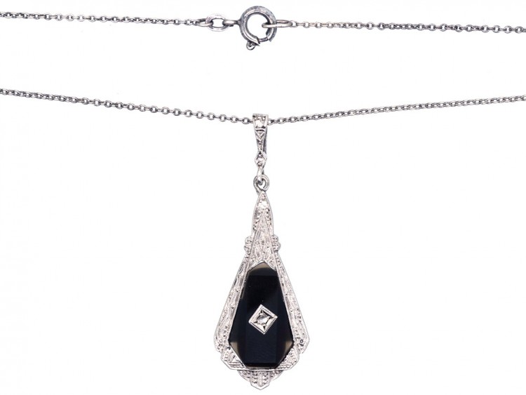 Art Deco Silver, Onyx & Diamond Pendant on a Silver Chain